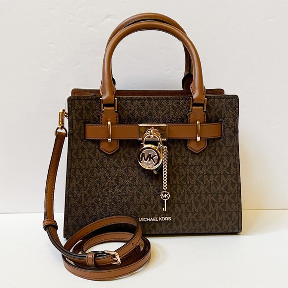 Michael Kors Hamilton Small Satchel Shoulder Crossbody Bag MK Brown - Picture 1 of 11